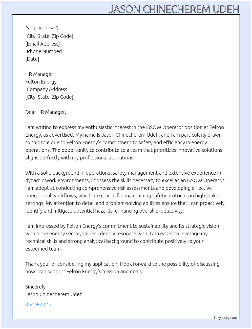 Cover letter for issow operator - LazyApply