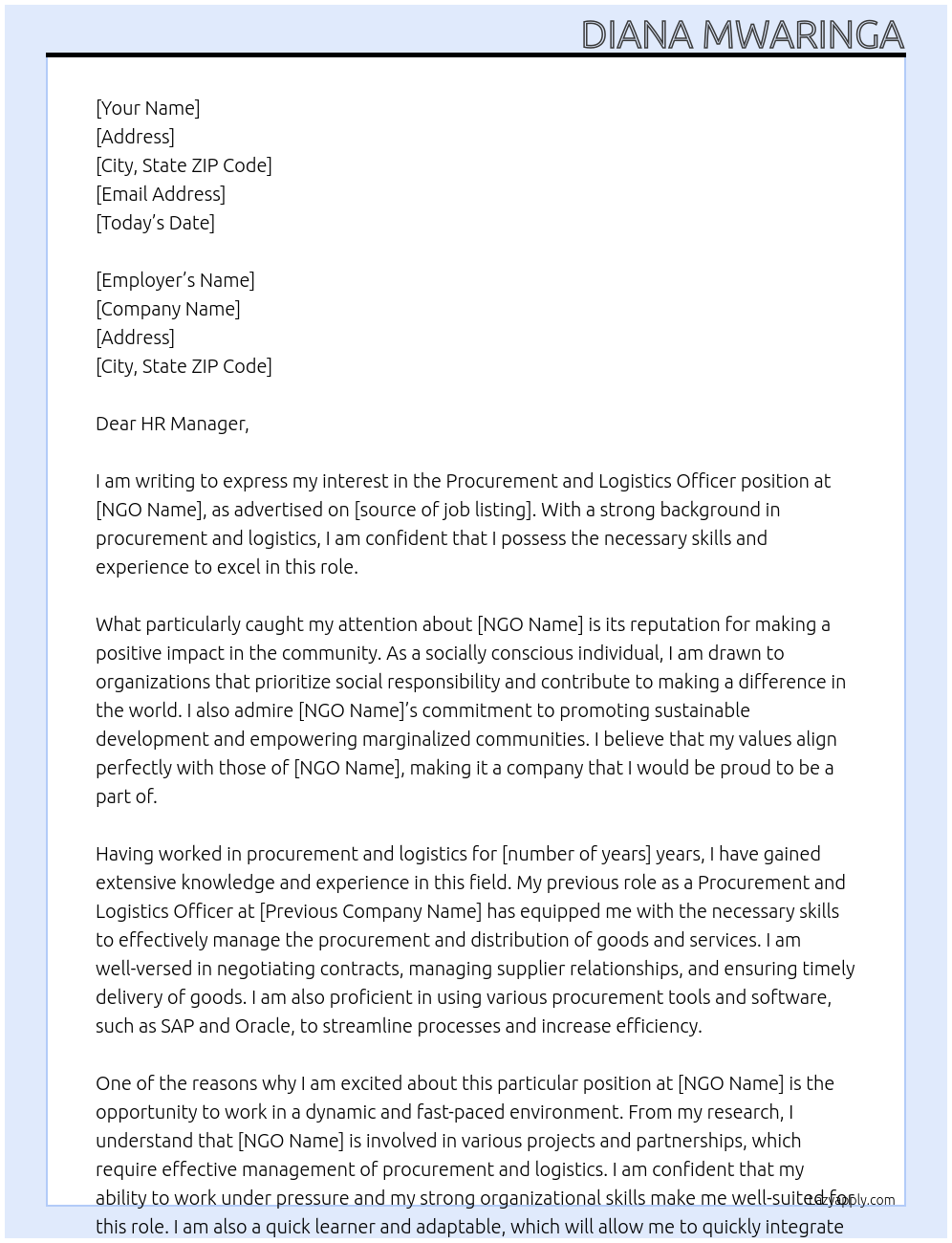 Procurement and Logistics Officer At NGO Cover Letter