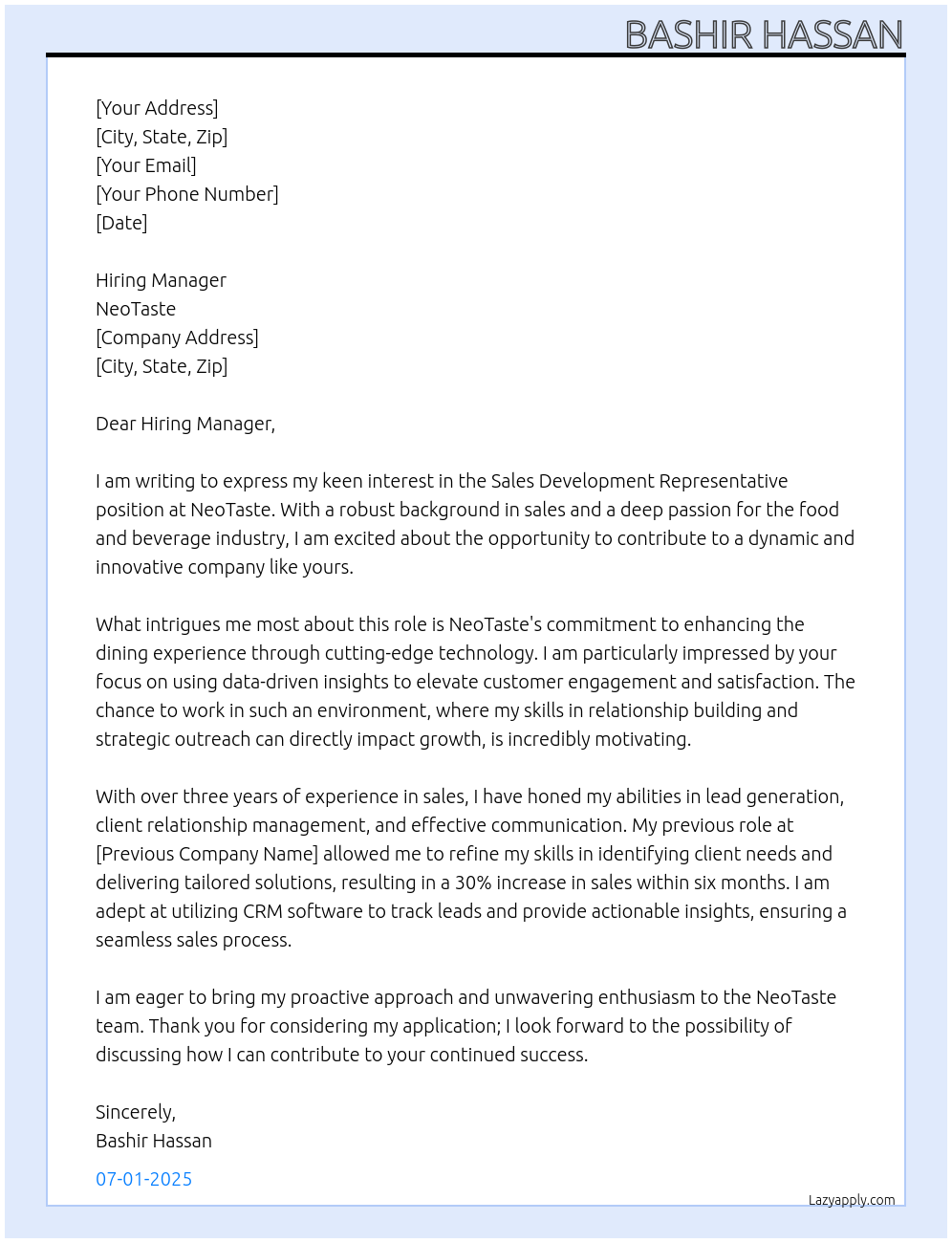 Sales Development Representative At NeoTaste Cover Letter