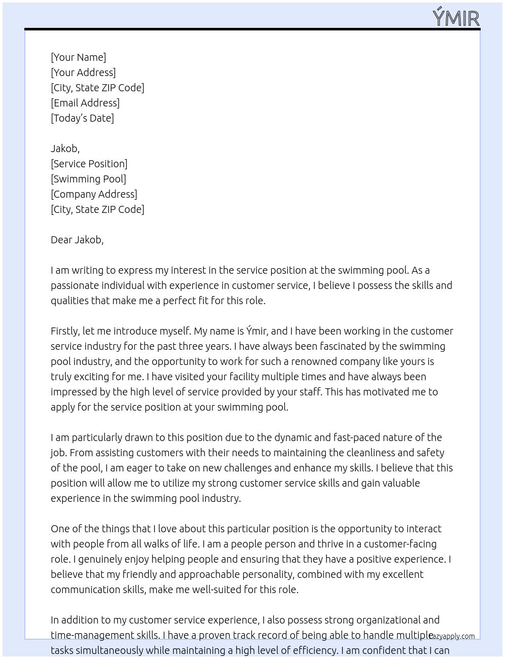 service At swimming pool Cover Letter