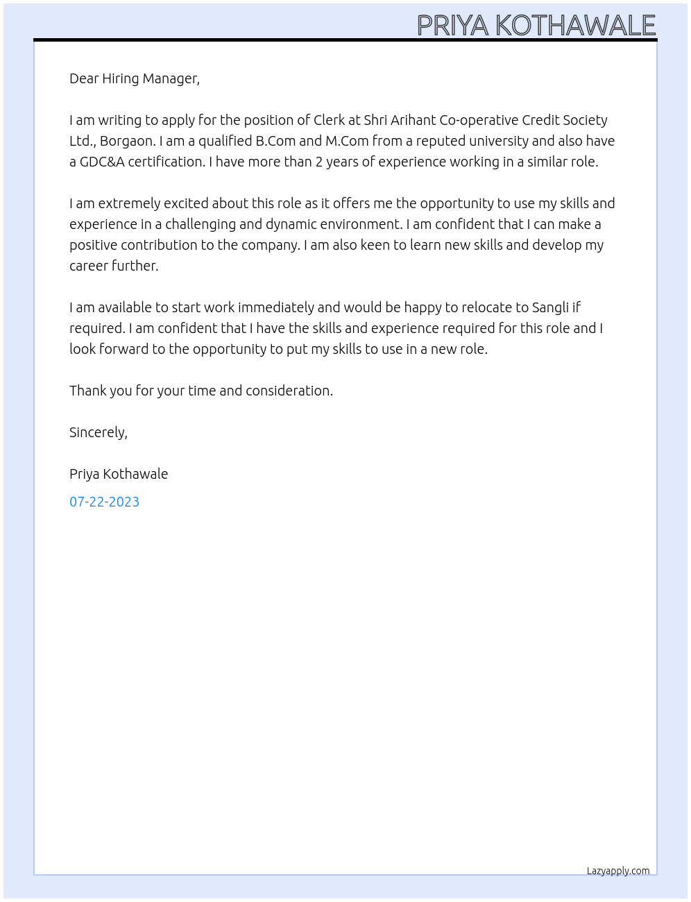 CLERK At SHRI ARIHANT CO-OPERATIVE CREDIT SOCIETY LTD., BORGAON Cover Letter