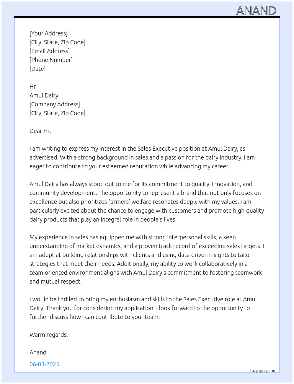 Sales Executive  At Amul Dairy  Cover Letter