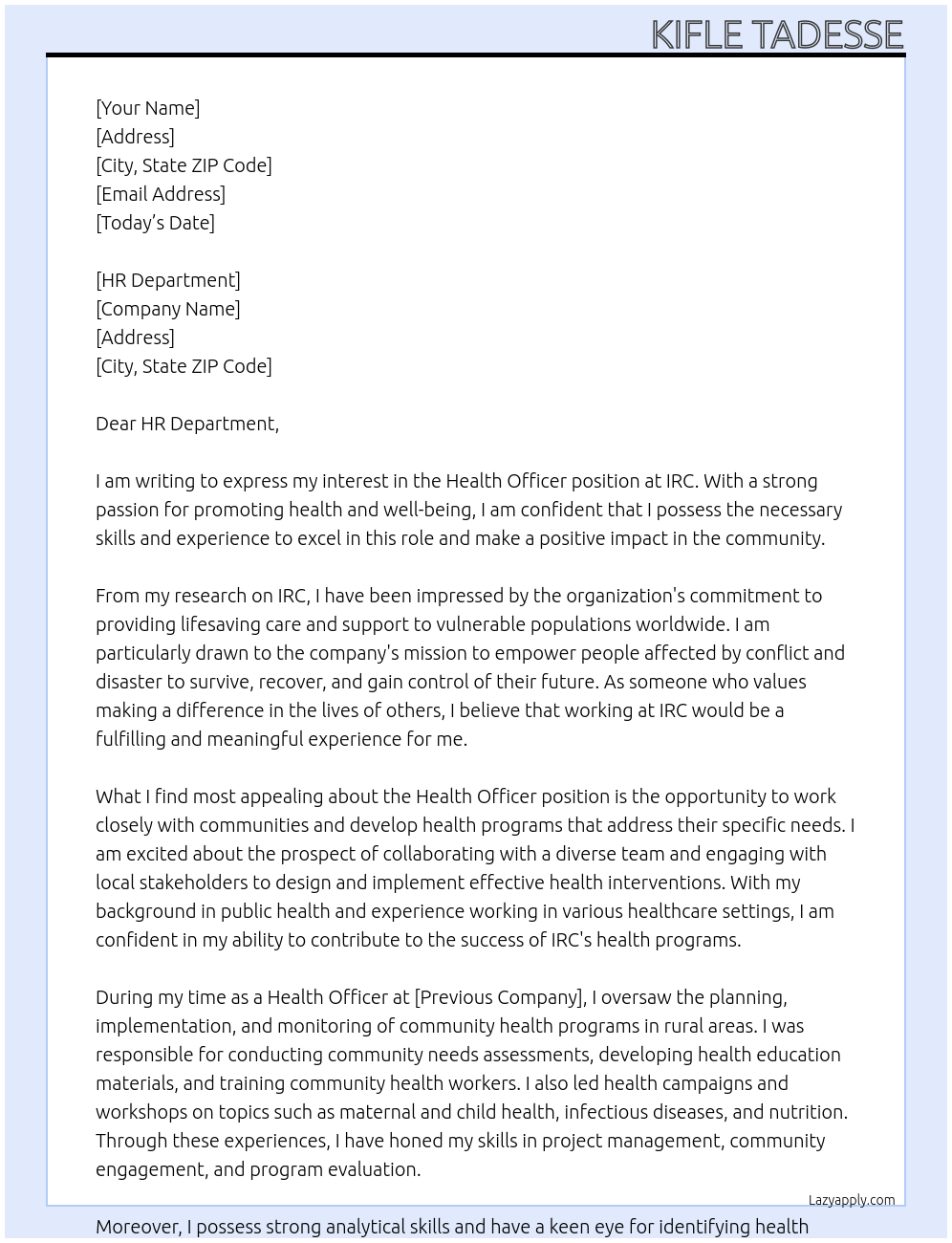 Health Officer At IRC Cover Letter