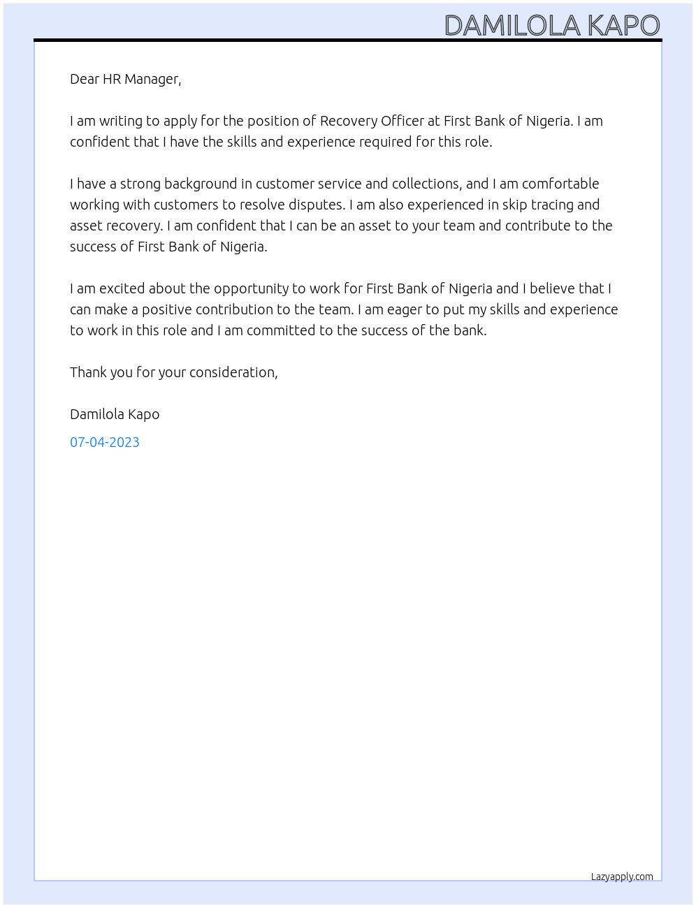 Recovery Officer  At First Bank of Nigeria Cover Letter