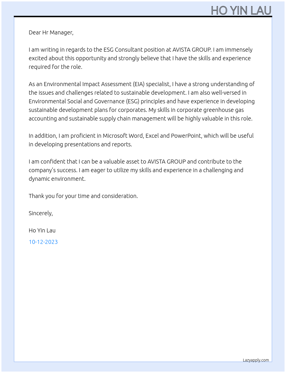 ESG Consultant At AVISTA GROUP Cover Letter