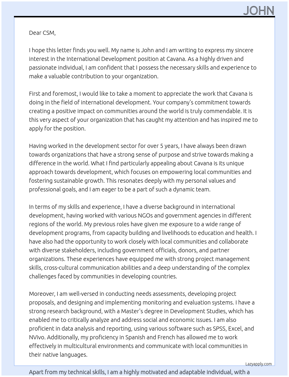 Cover letter for international development - LazyApply
