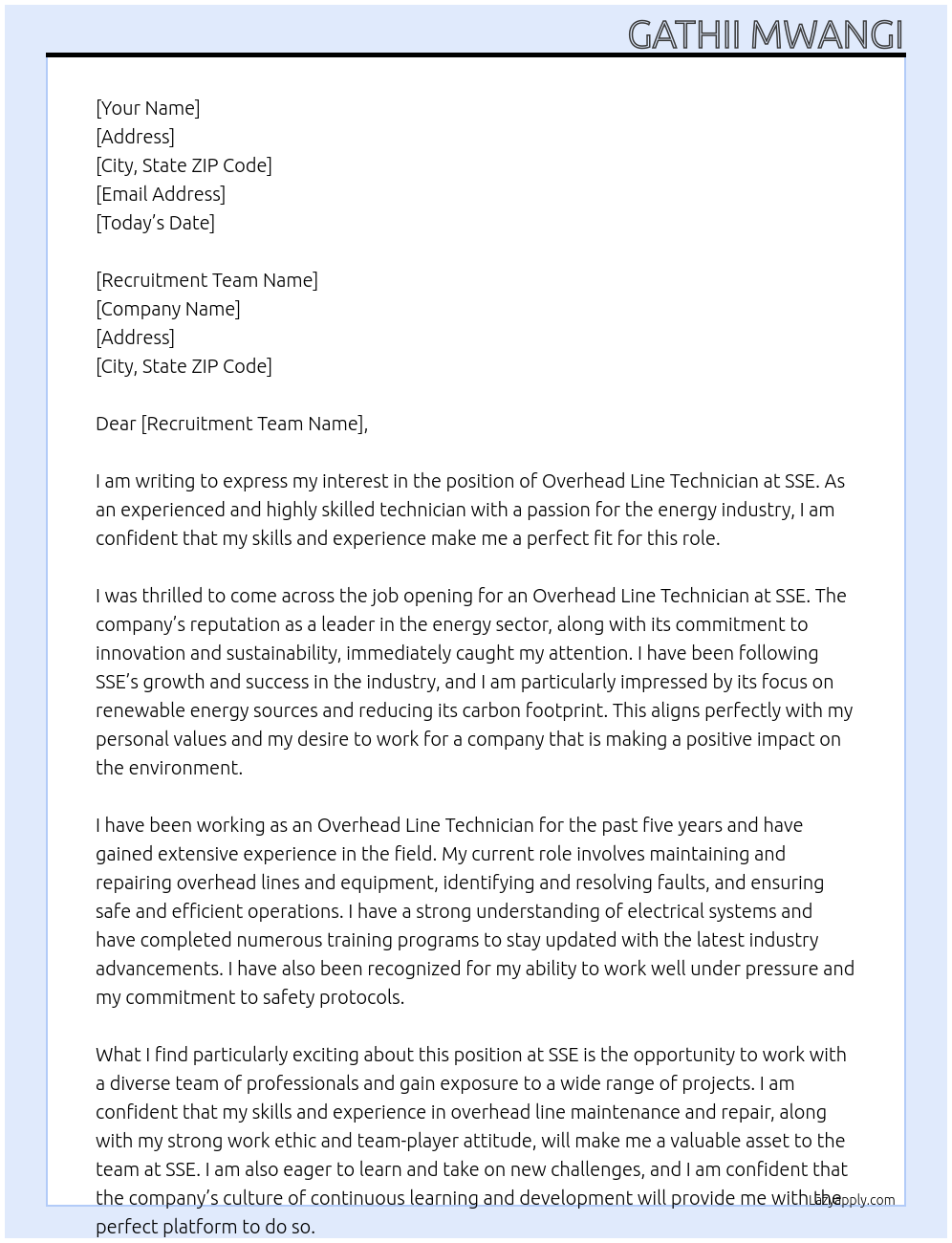 Overhead Line Technician At sse Cover Letter