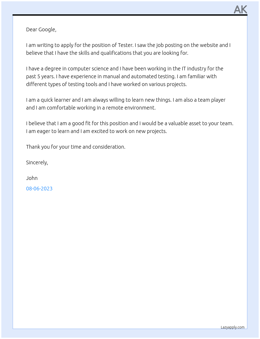 Tester At Google  Cover Letter