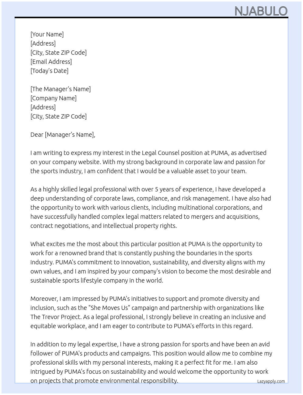 Legal Counsel At PUMA Cover Letter