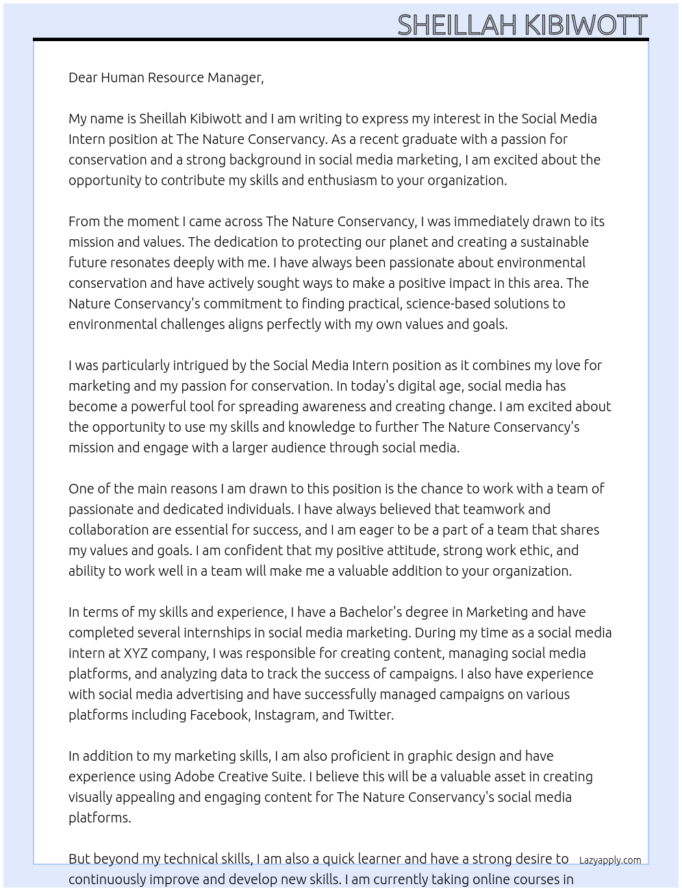 social media intern At the nature conservancy Cover Letter