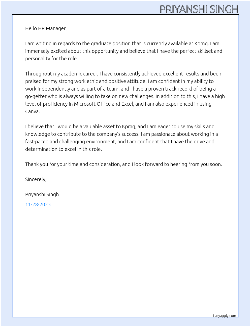 Graduate At Kpmg Cover Letter