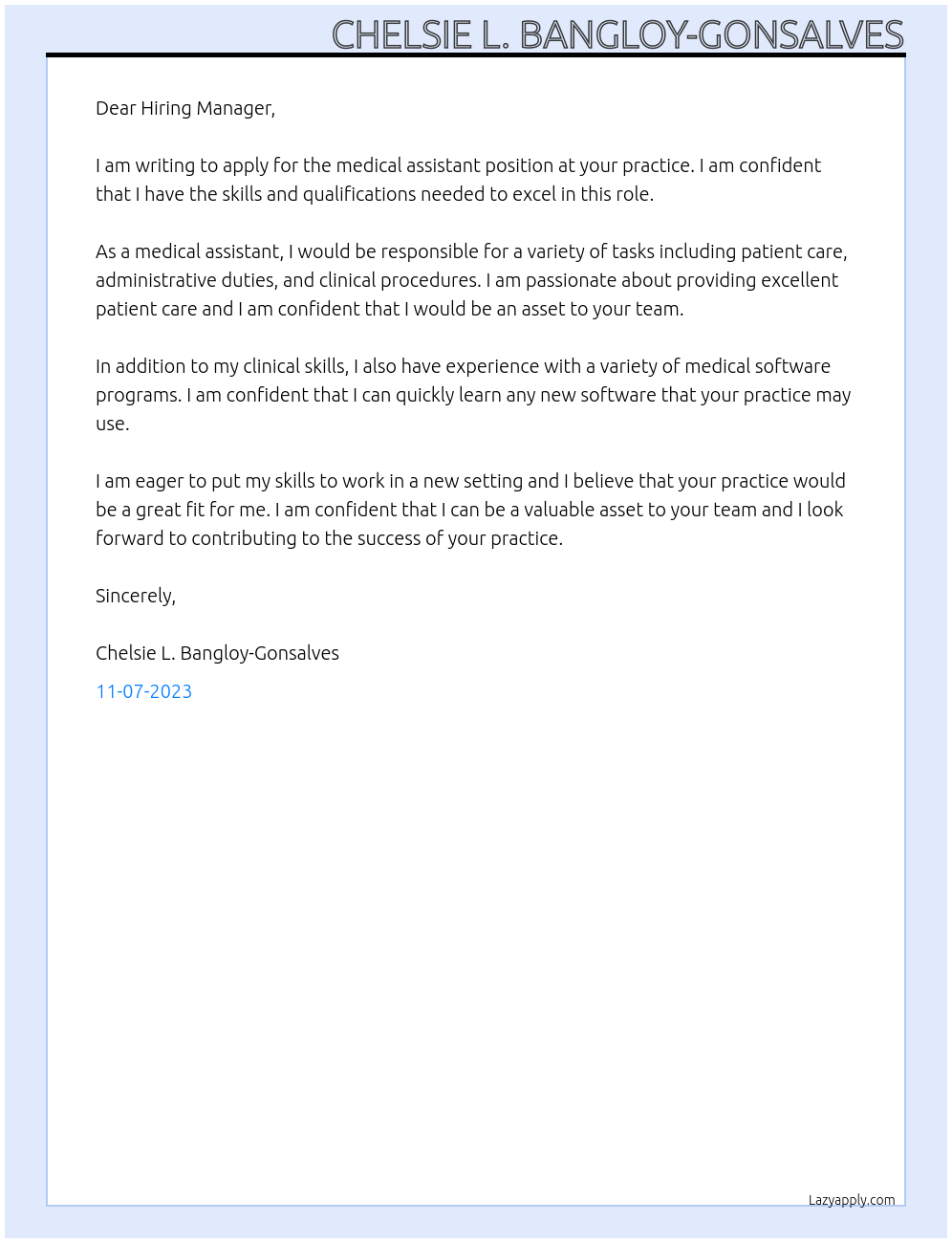 Medical Assistant At Medical Practice Cover Letter