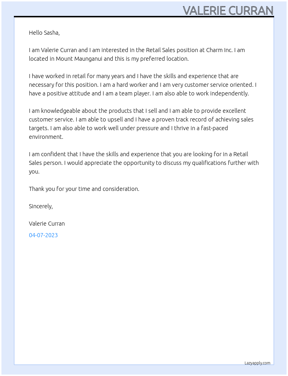 Retail sales At Charm Inc Cover Letter