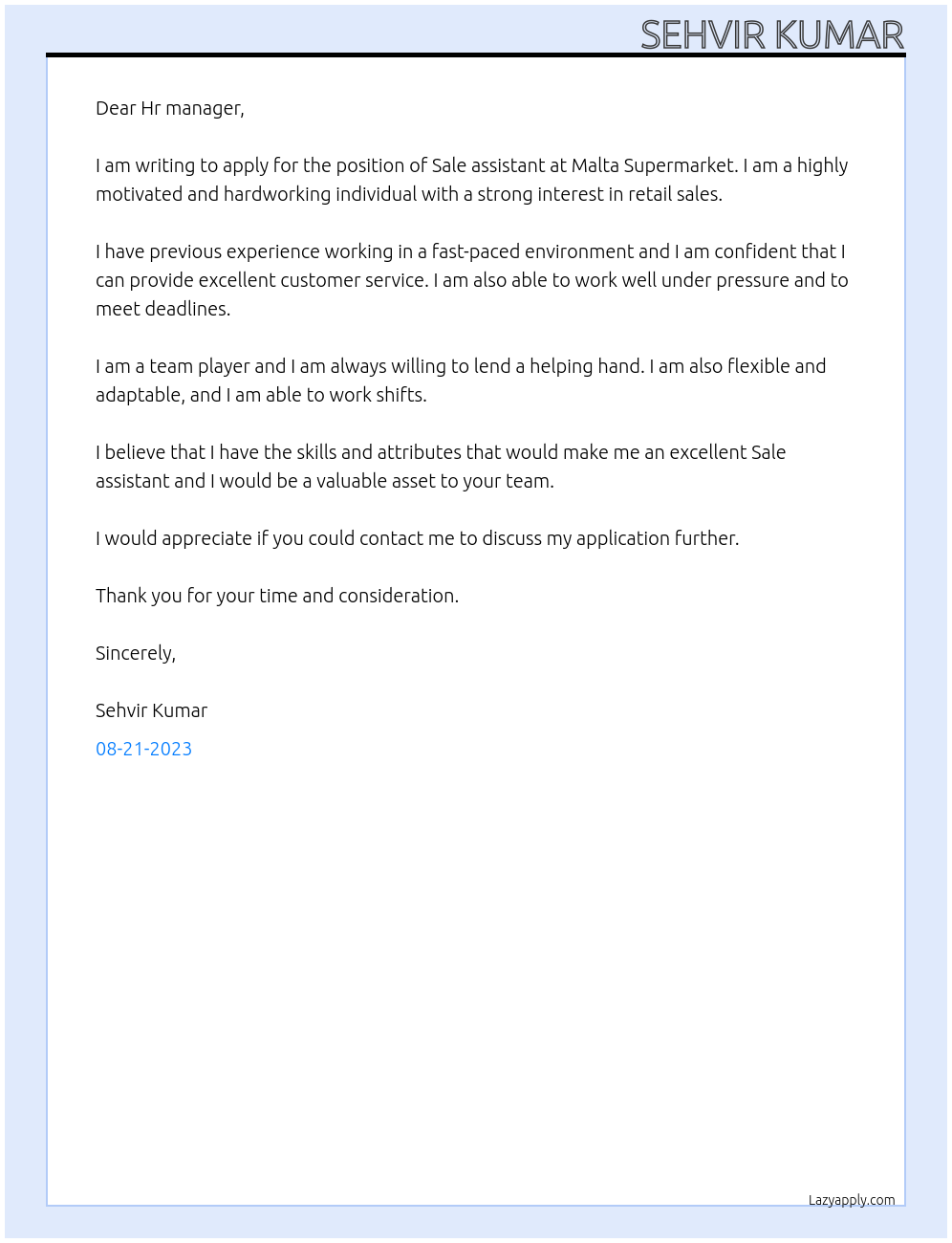 SALE ASSISTANT At Malta Supermarket Cover Letter