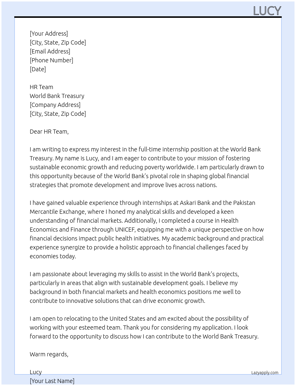 internship At world bank treausry Cover Letter