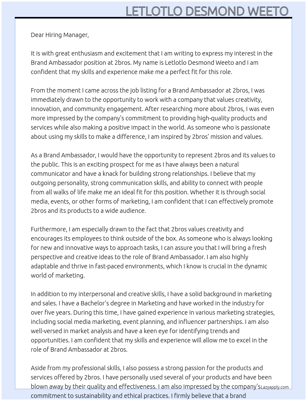 Brand Ambassador  At 2bros Cover Letter