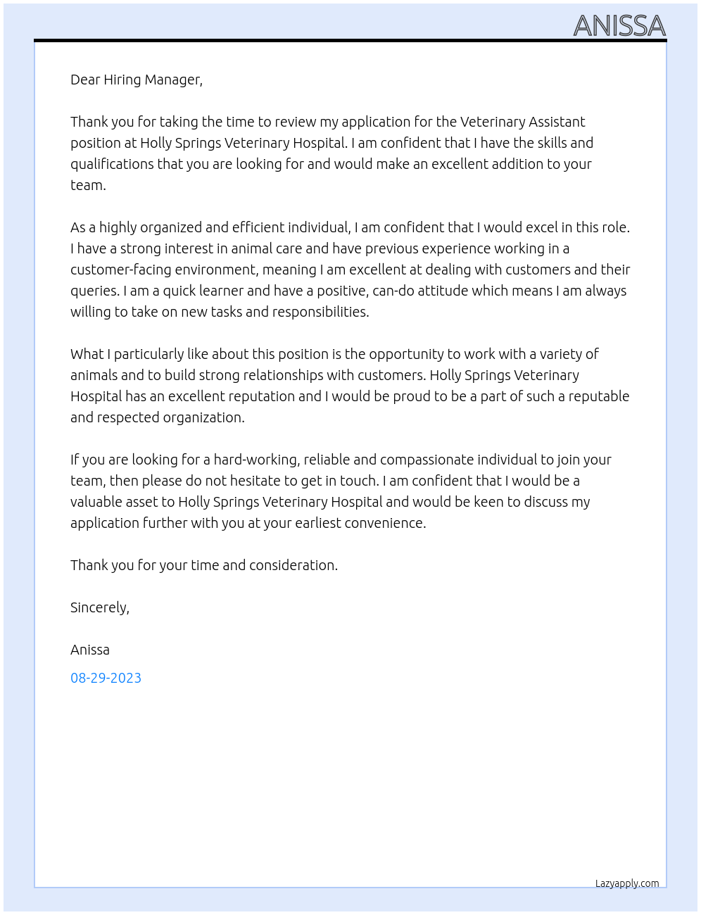 Veterinary Assistant At Holly Springs Veterinary Hospital Cover Letter