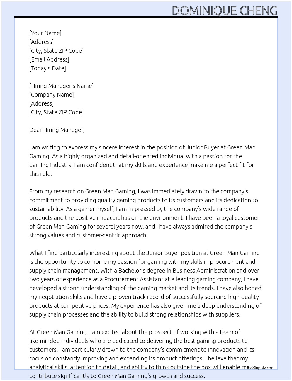 Junior Buyer At Green Man Gaming Cover Letter