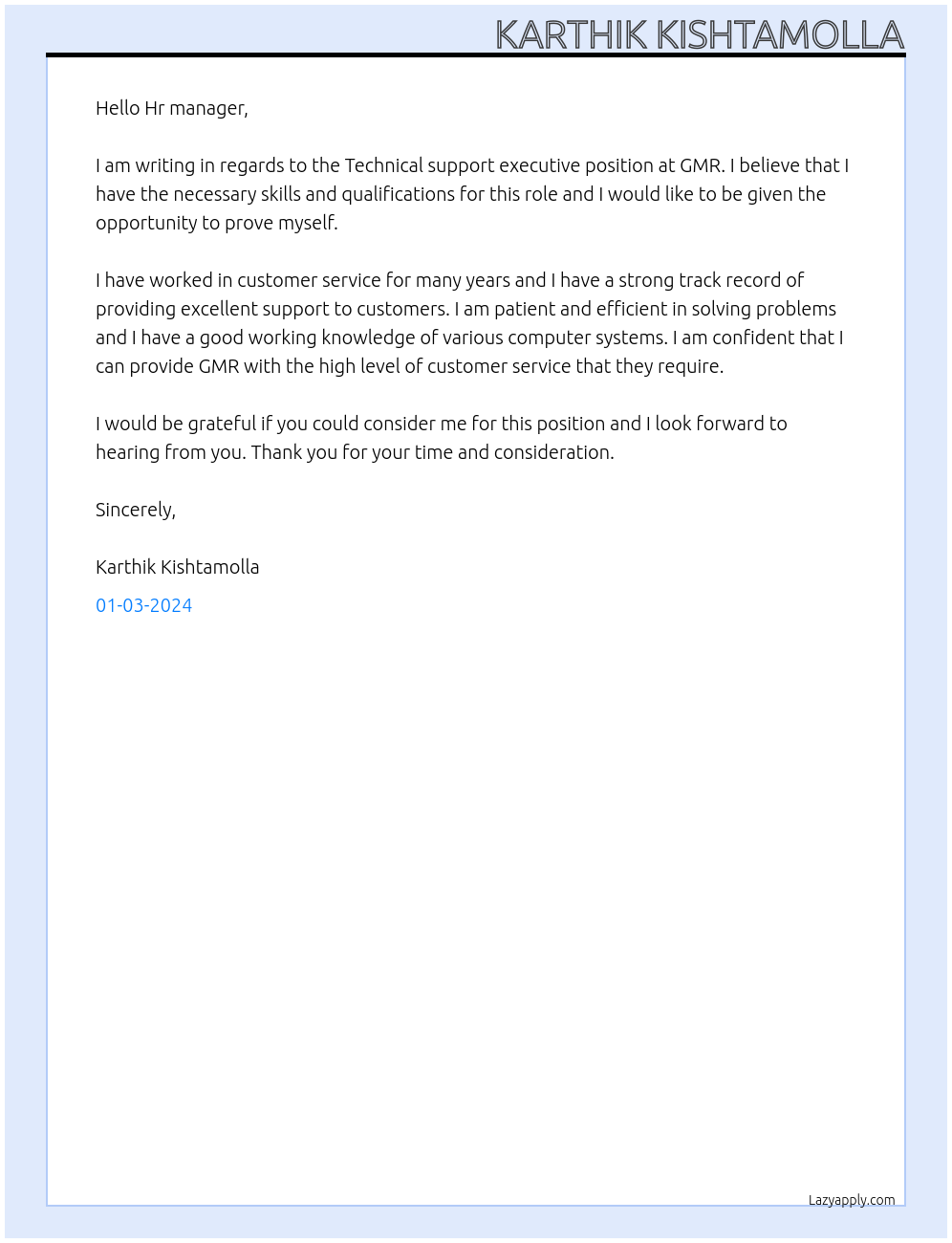 Technical support executive At GMR Cover Letter