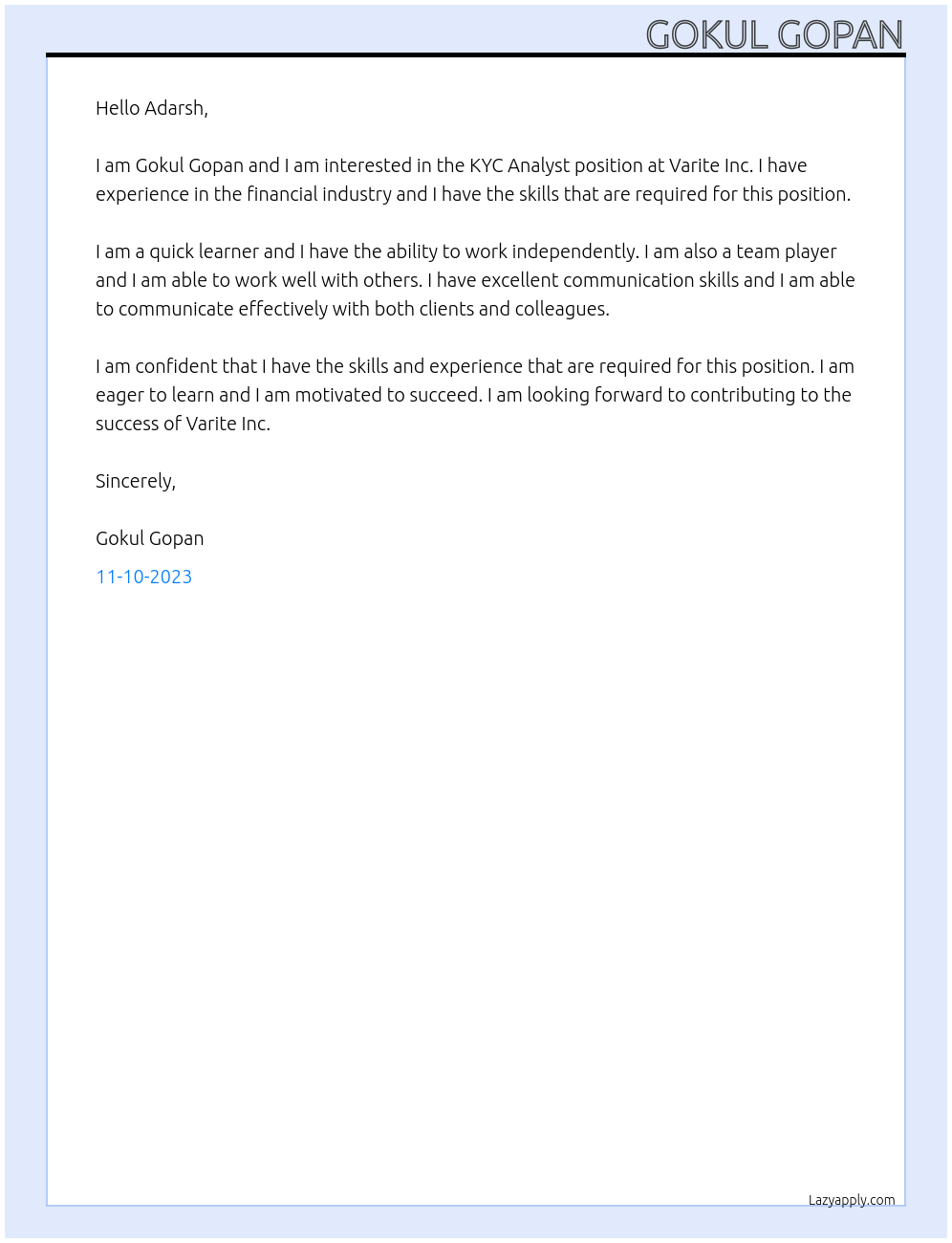 KYC ANALYST At VARITE INC Cover Letter