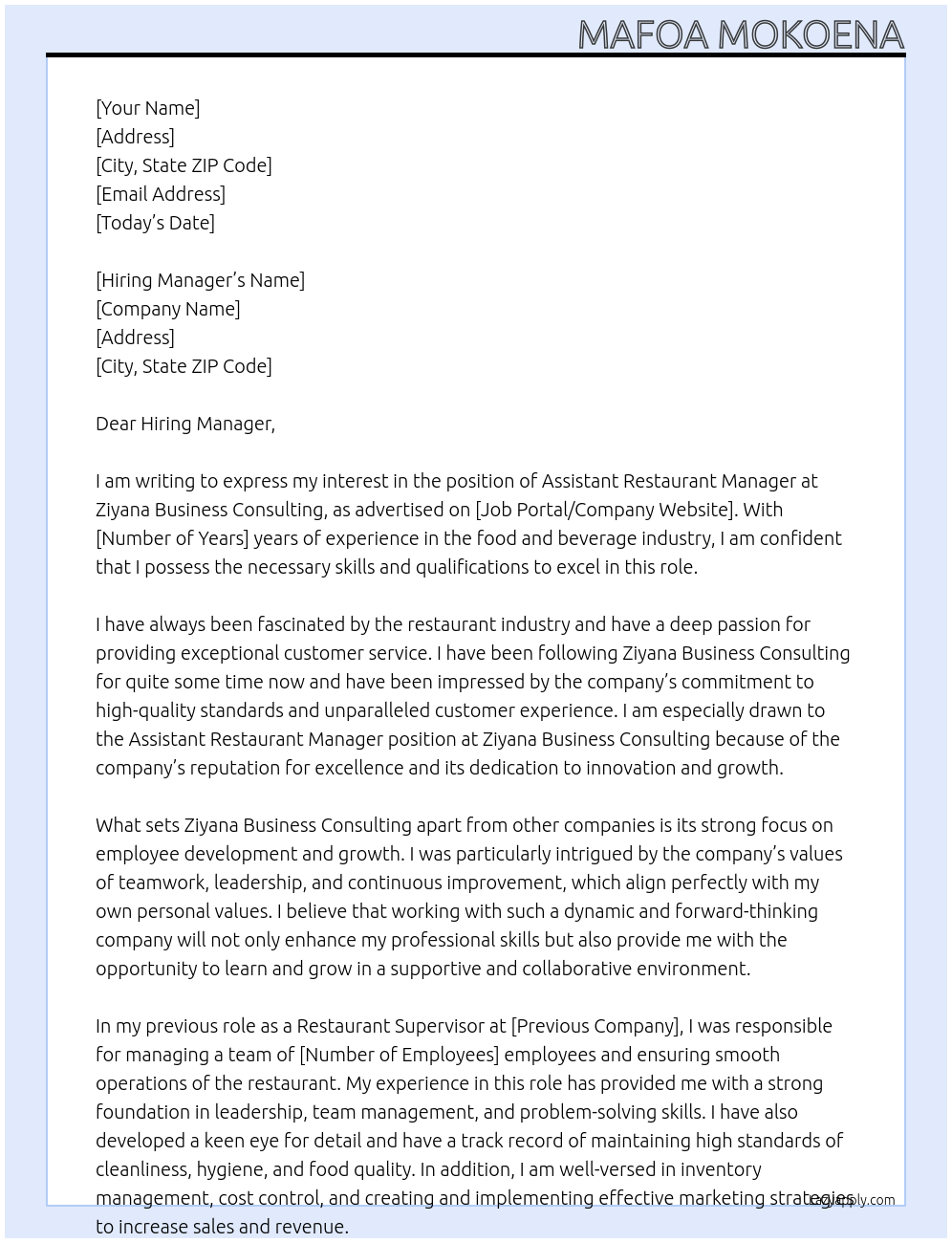 Assistant restaurant manager At Ziyana Business Consulting Cover Letter
