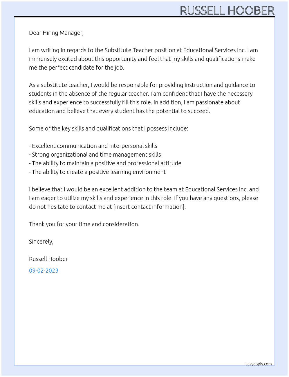 Substitute teacher At educational services inc Cover Letter