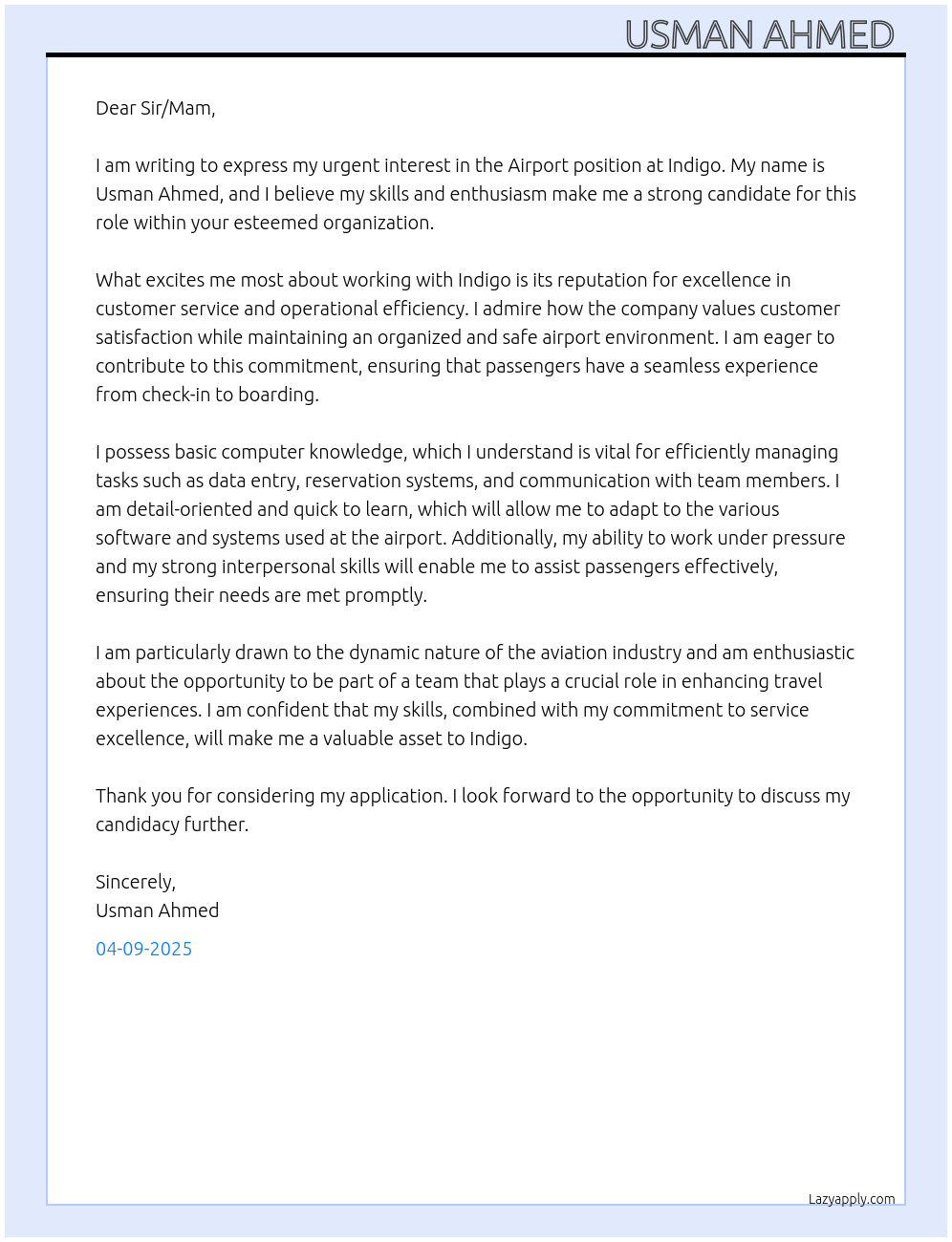 Airport At Indigo Cover Letter