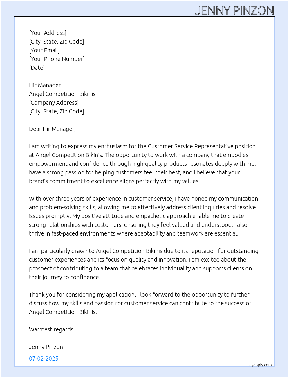 Customer service representative At Angel Competition Bikinis Cover Letter