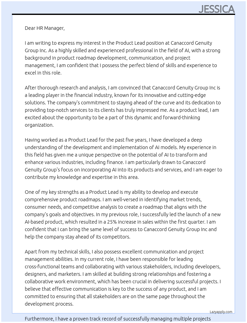 Product Lead At Canaccord Genuity Group Inc Cover Letter