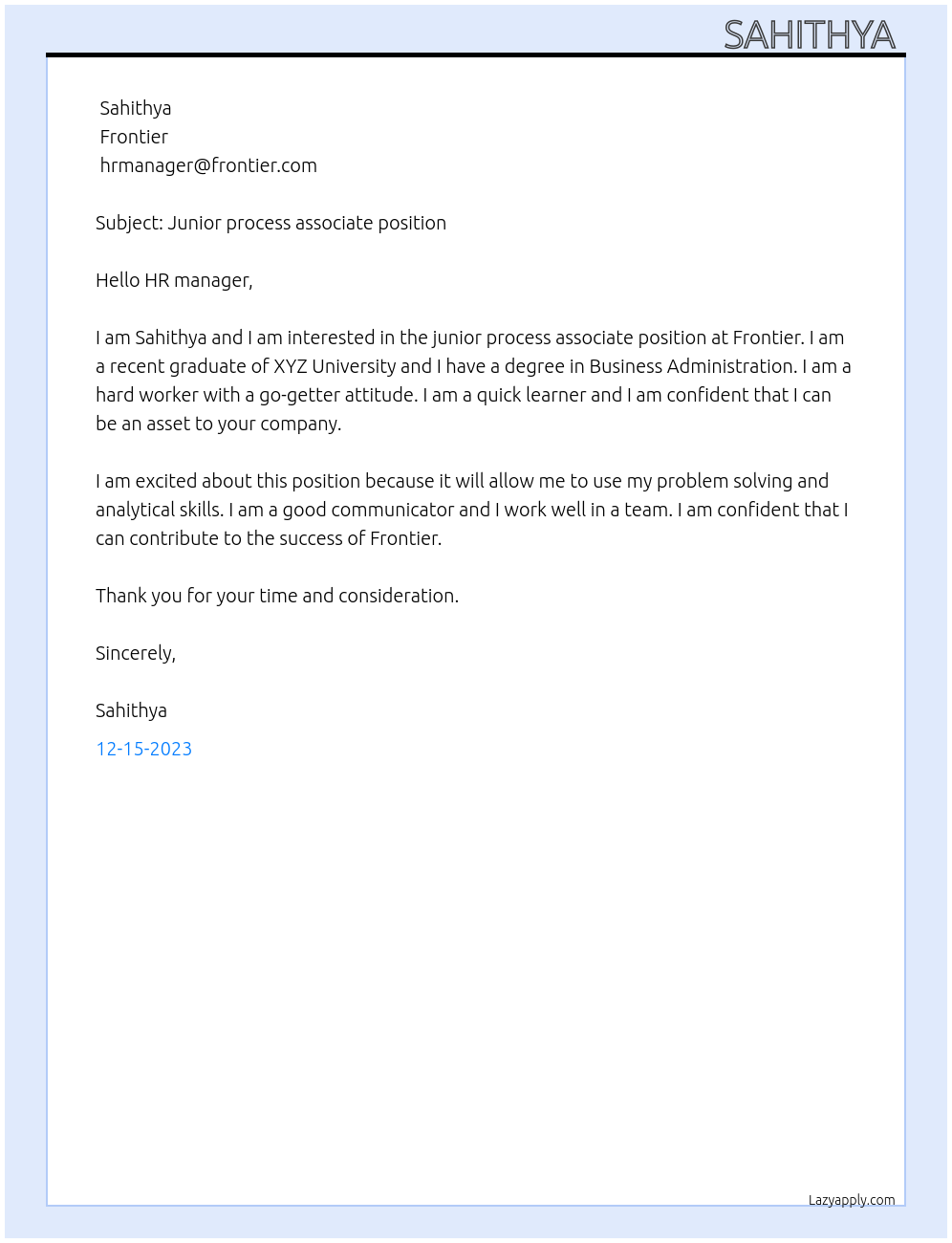 Junior process associate  At Frontier  Cover Letter