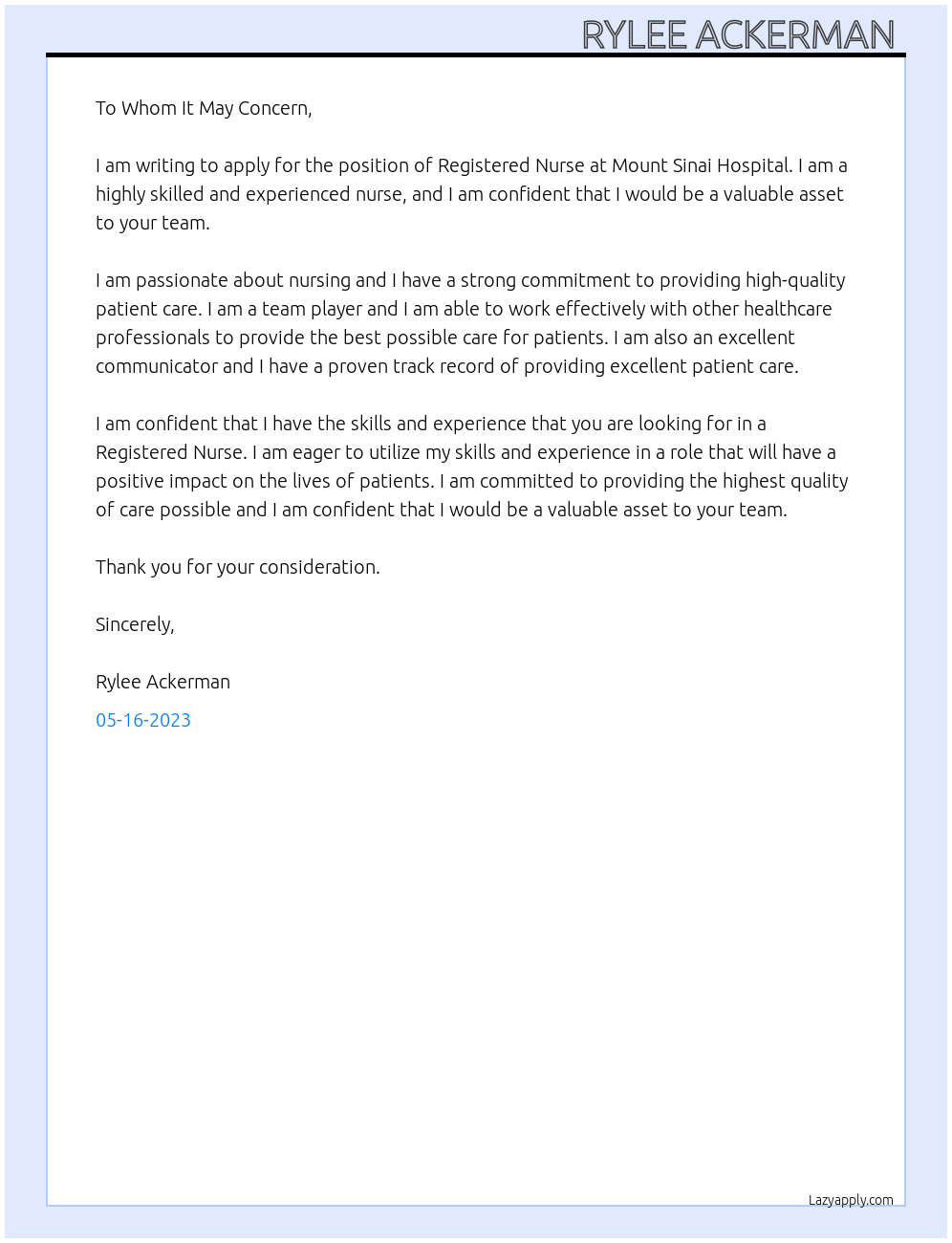 registered nurse At Mount Sinai Cover Letter