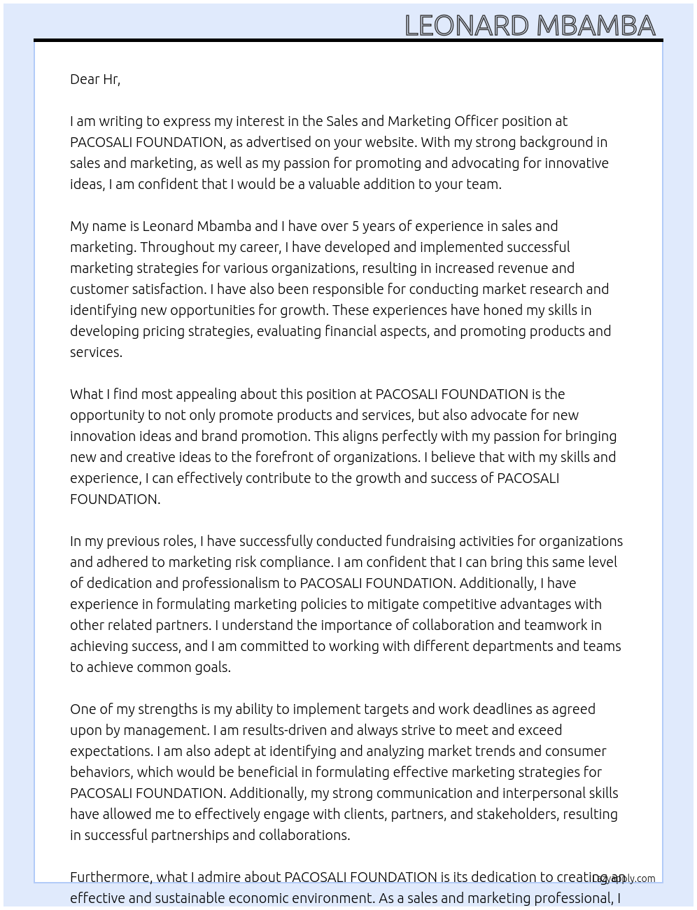 Sales and Marketing Officer At PACOSALI FOUNDATION Cover Letter