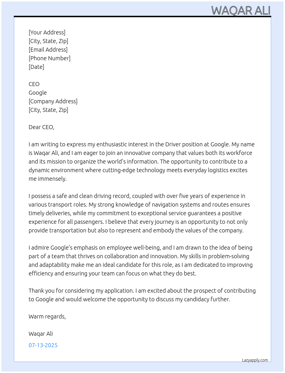 Driver At Google Cover Letter