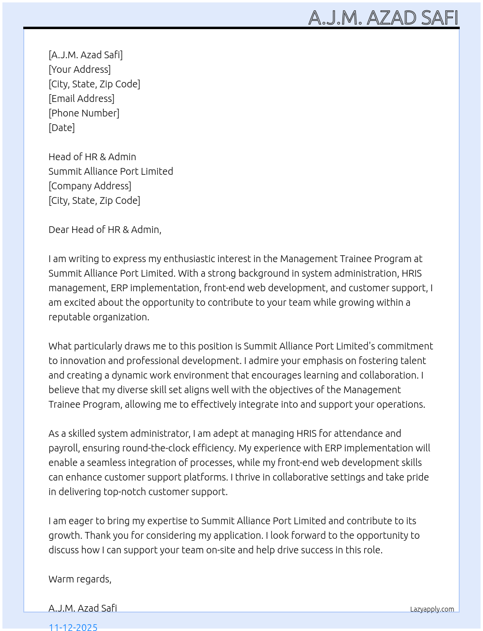 Management Trainee Program At Summit Alliance Port Limited Cover Letter