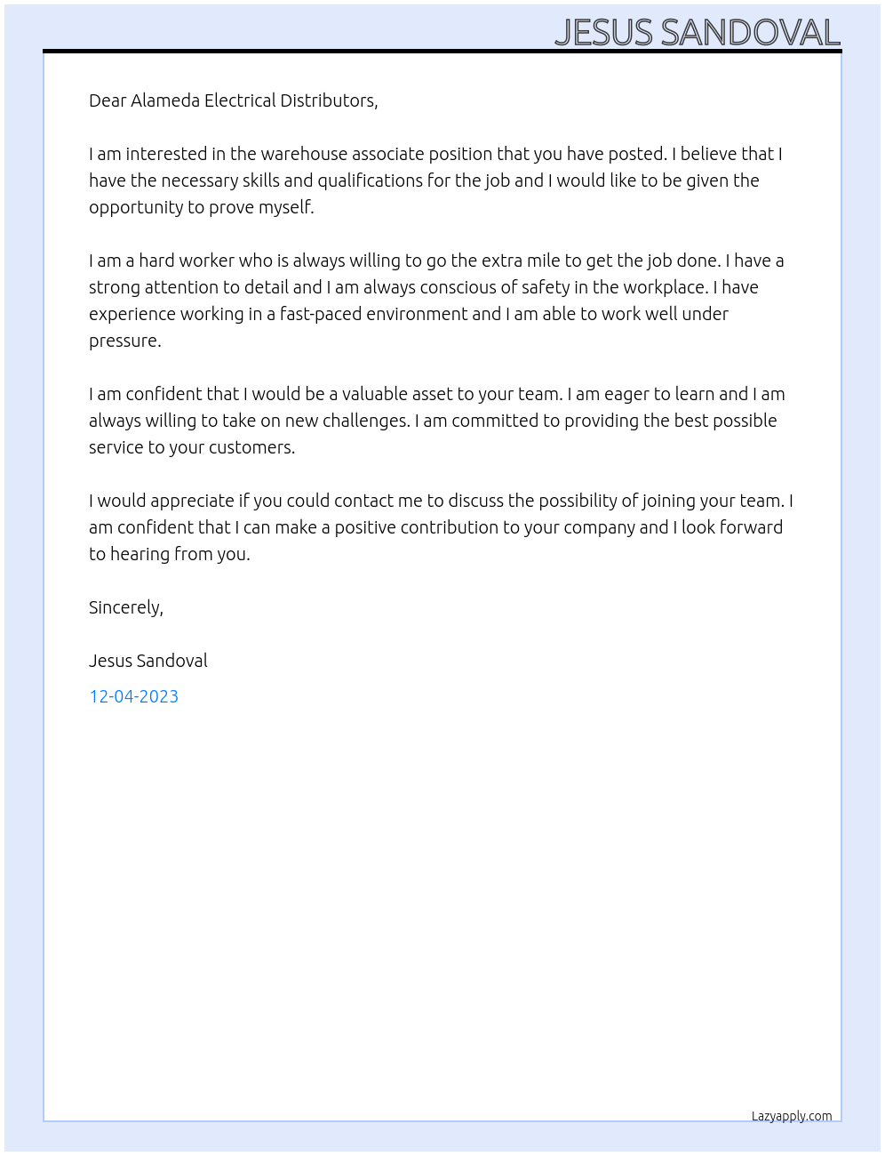 Warehouse associate At Alameda Electrical Distributors Cover Letter