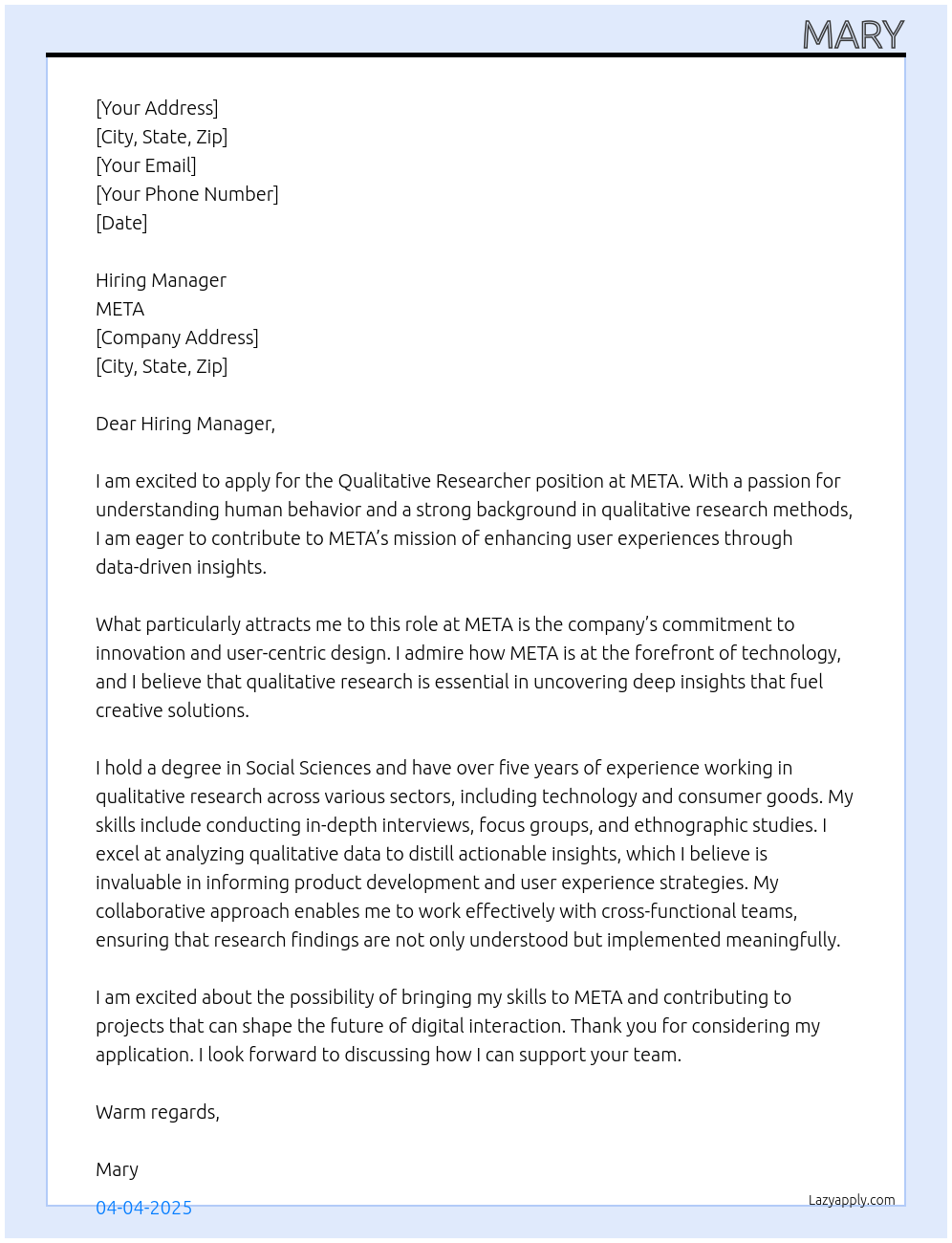 qualitative researcher At META Cover Letter