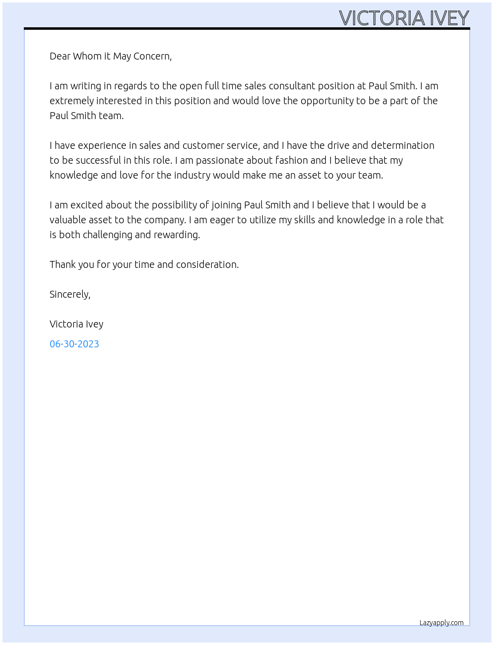 full time sales consultant At Paul Smith Cover Letter