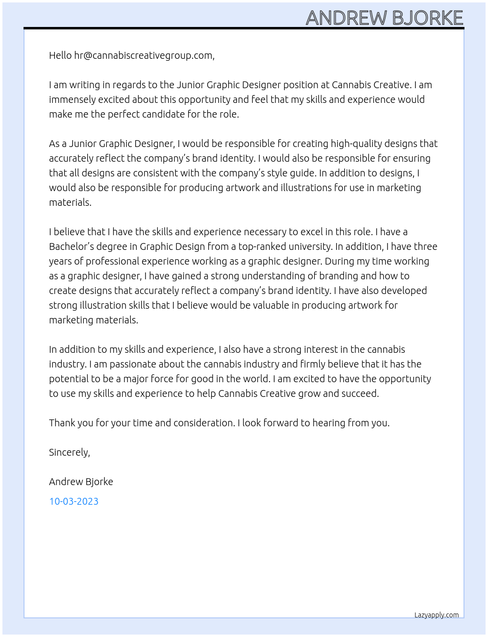 Junior Graphic Designer At Cannabis Creative Cover Letter