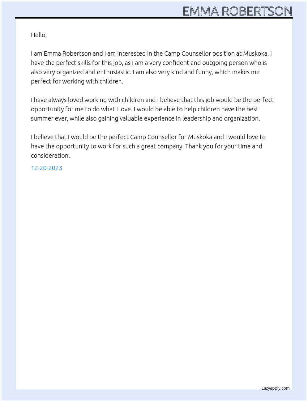 Camp Counsellor  At Muskoka Cover Letter