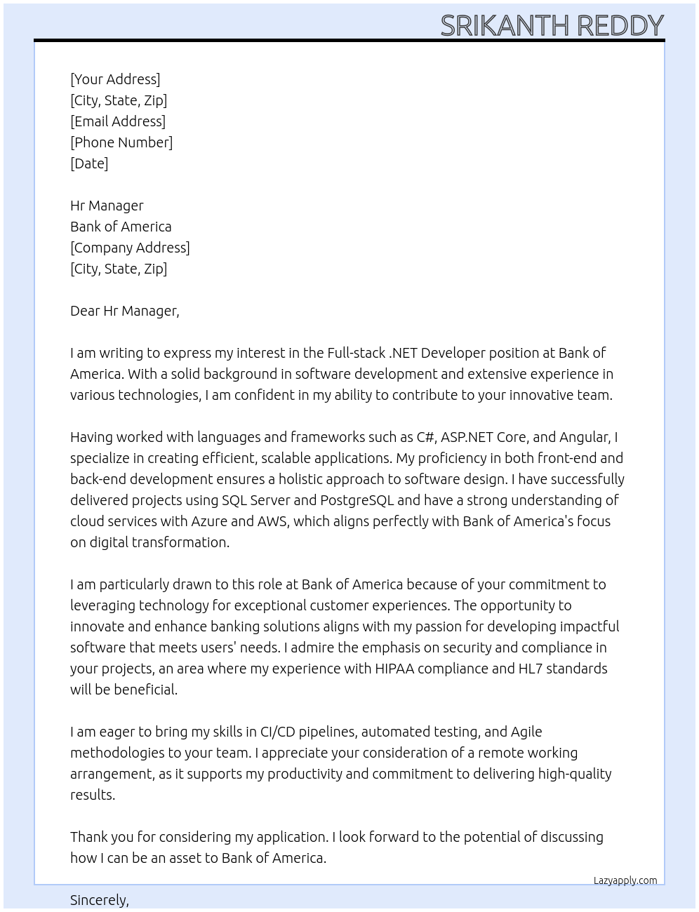 Full-stack .Net developer At bank of america Cover Letter