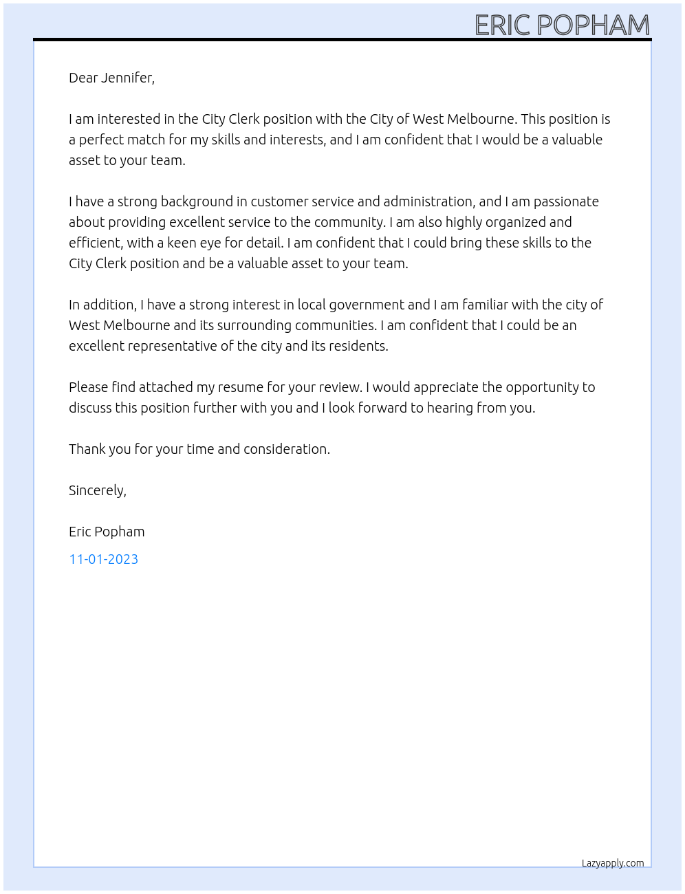 City Clerk At City of West Melbourne Cover Letter