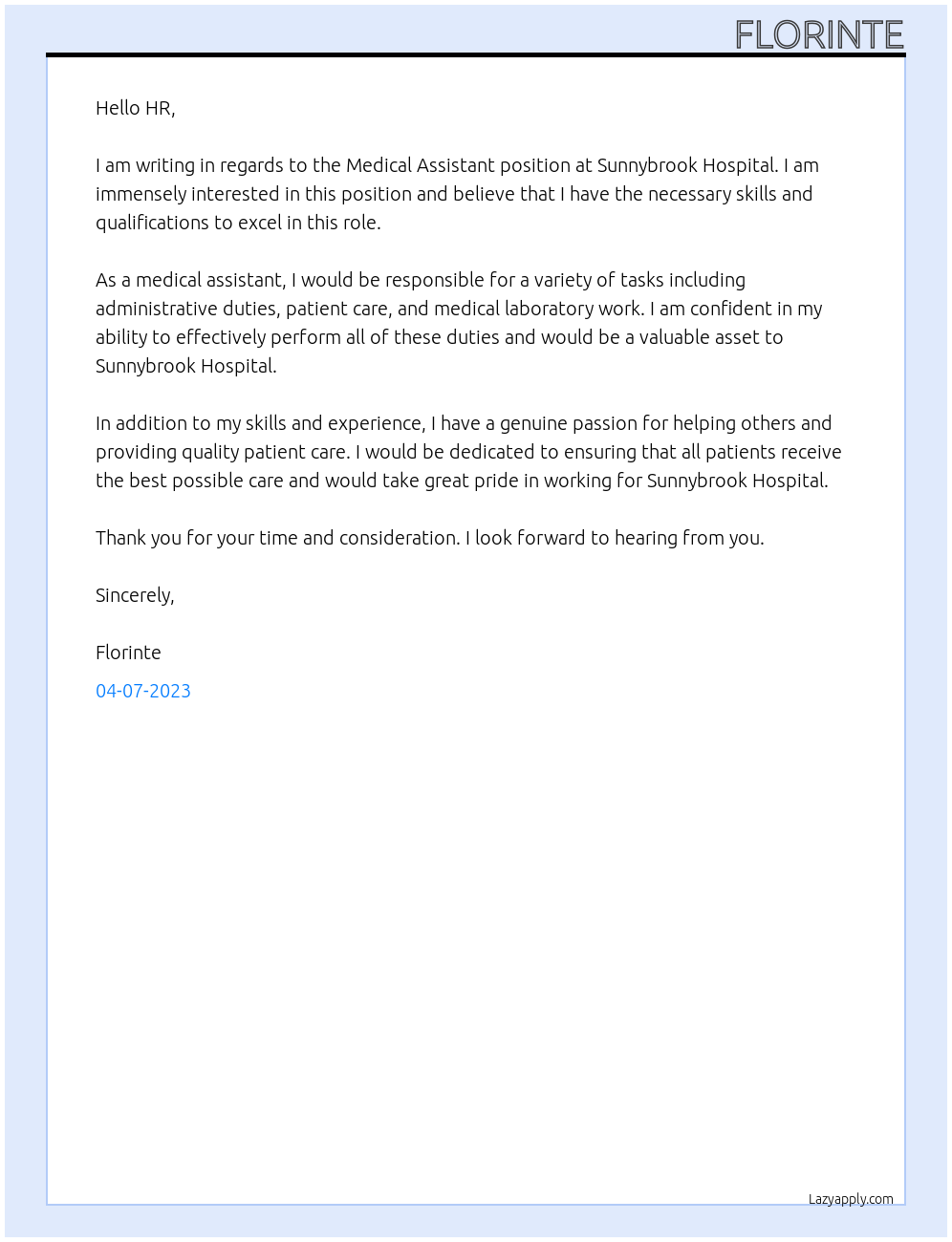 Medical Assistant At Sunnybrook Hospital Cover Letter