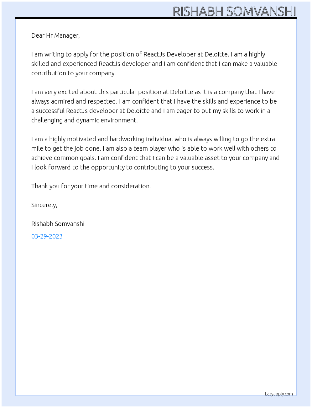 ReactJs Developer At Deloitte Cover Letter
