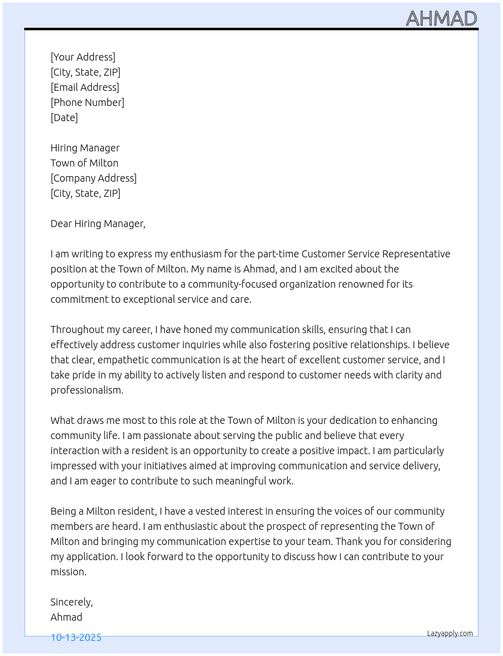 Customer Service Representative At Town of Milton Cover Letter