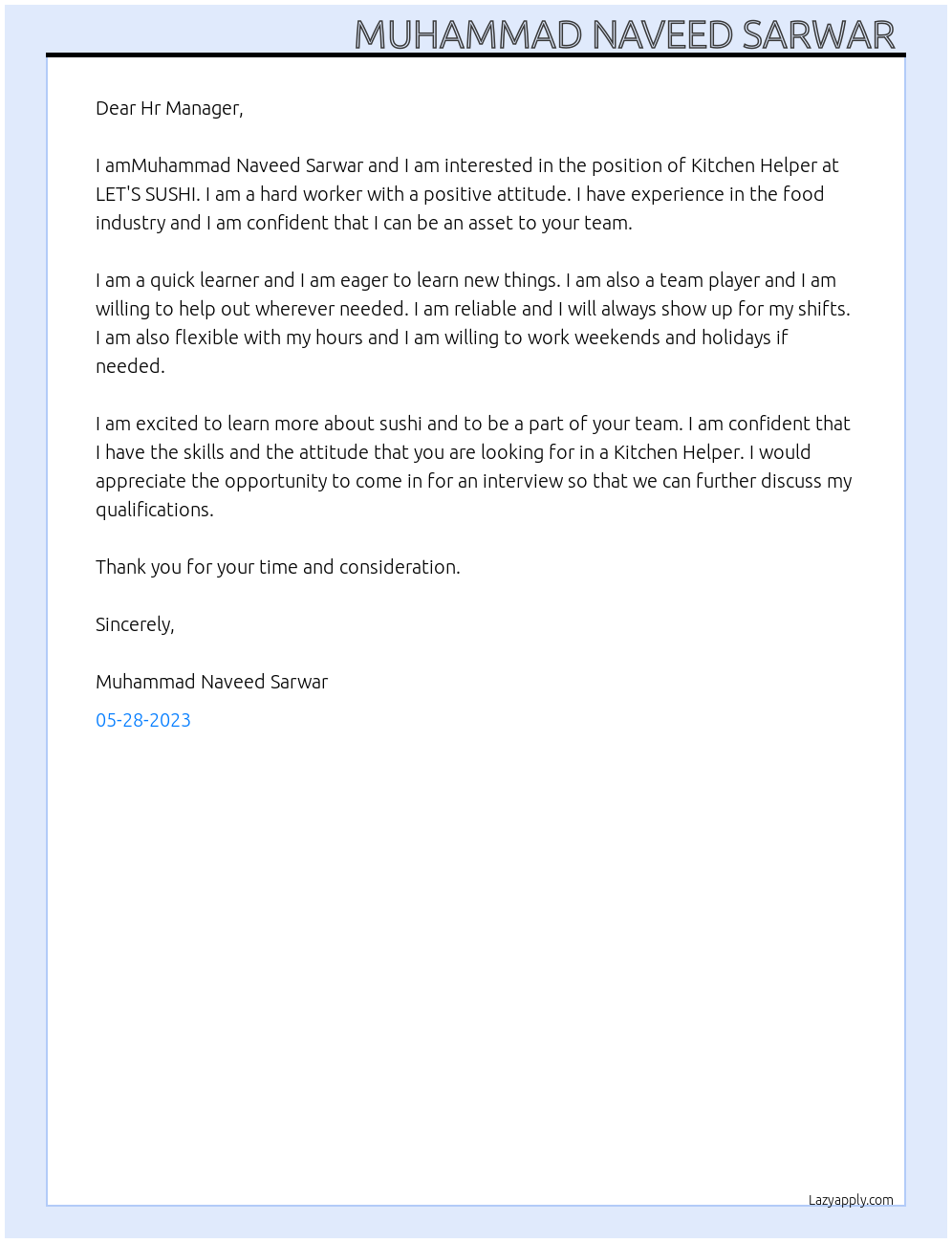 Kitchen Helper  At LET'S SUSHI Cover Letter