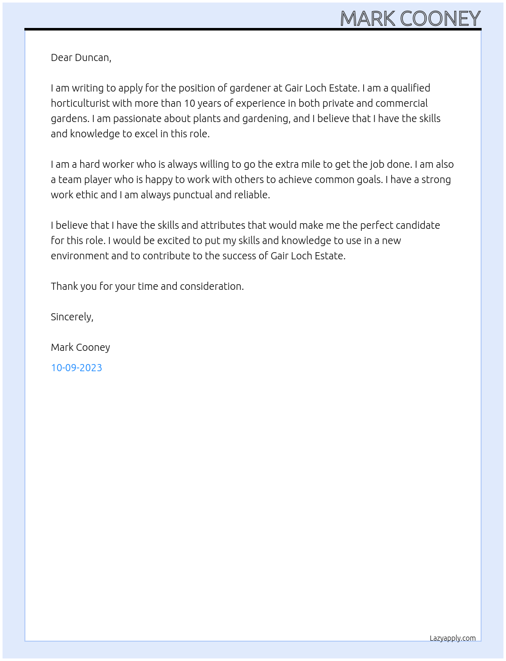 Gardener At Gair Loch Estate Cover Letter