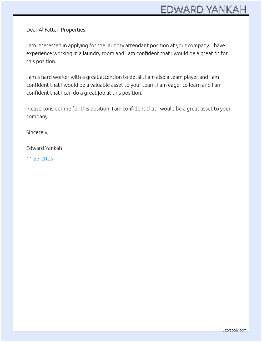 Laundry Attendant  At Al Fattan Properties  Cover Letter