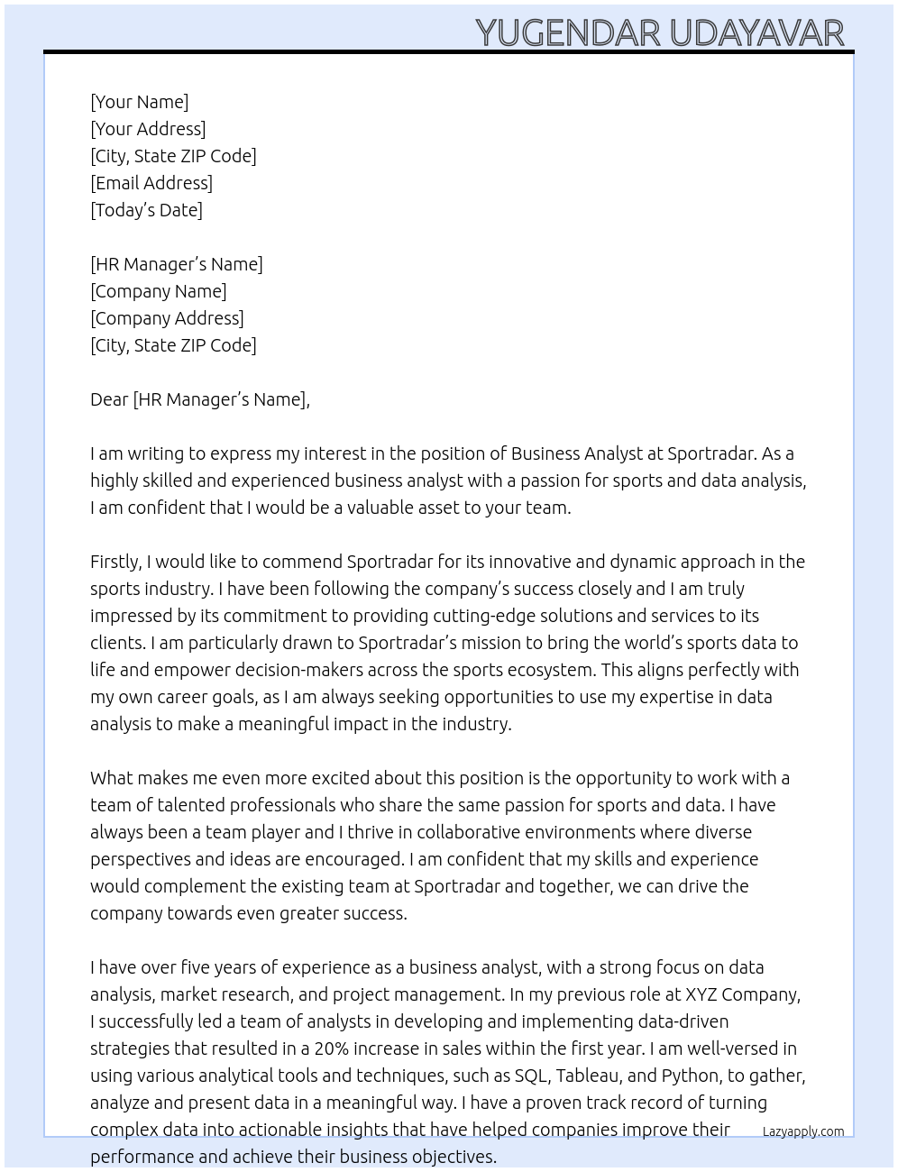 Business Analyst At Sportradar Cover Letter