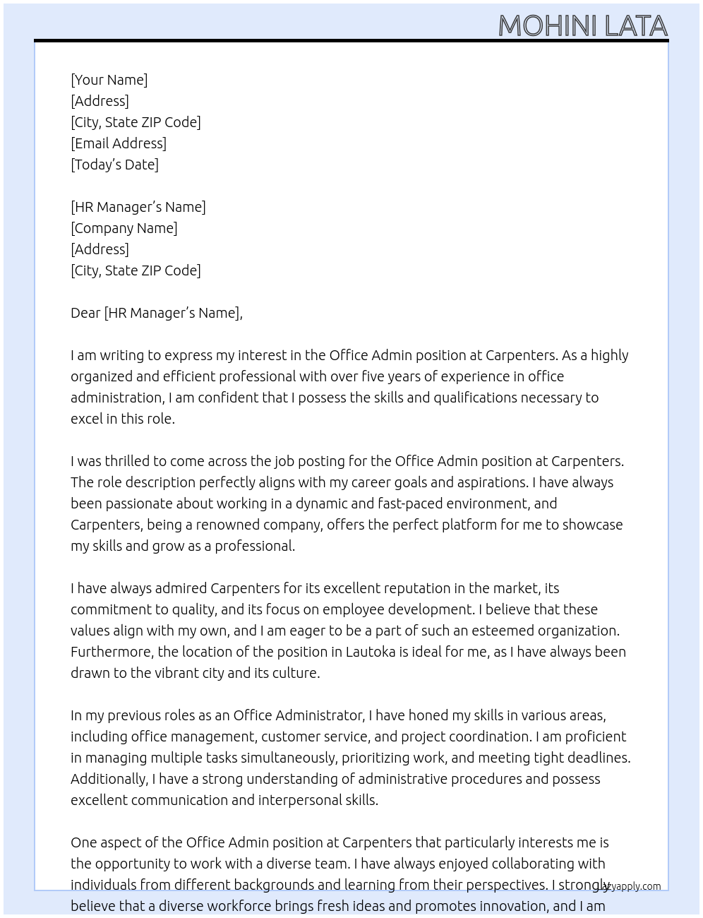 Office Admin At Carpenters Cover Letter