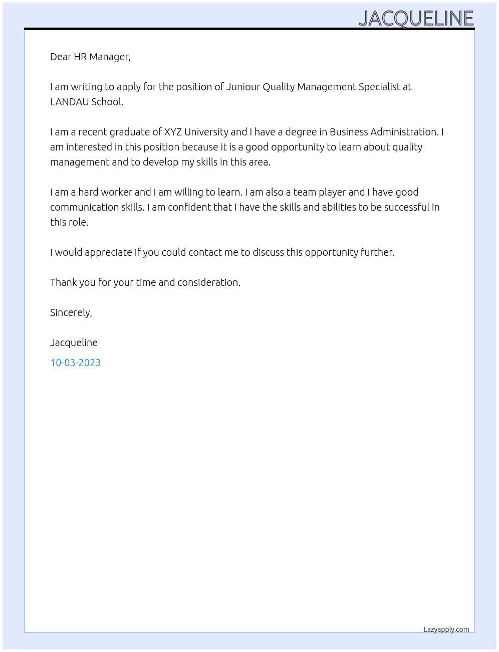 Juniour Quality Management Specialist At LANDAU School Cover Letter